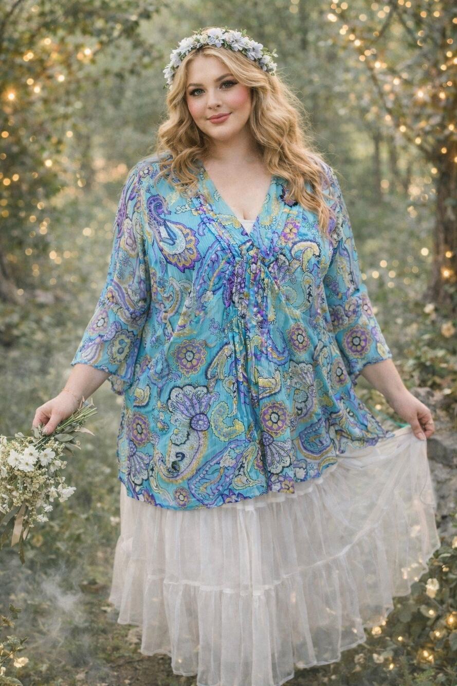 Coldwater Creek XL Silk Paisley Blouse Teal Metallic Boho Bell Sleeve Y2K